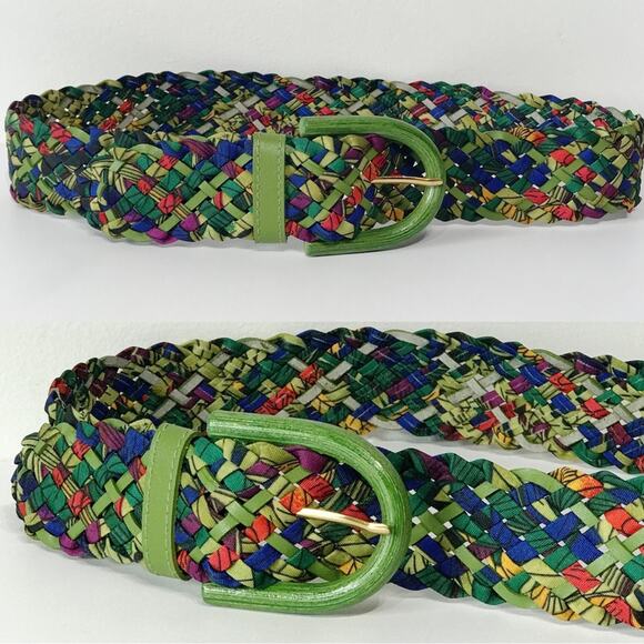Vintage Accessories - Vintage Ritz Bright Bamboo Buckle Lime Green Purple Woven Braided Belt Tropical